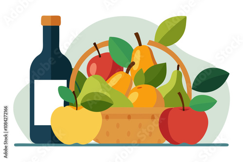 Basket of Pears and Apples with Wine Bottle Backdrop – A Perfect Still Life Scene