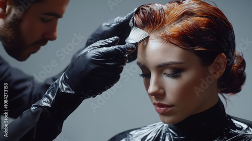 Professional hairstylist applying hair color to client in salon setting for modern makeover photo