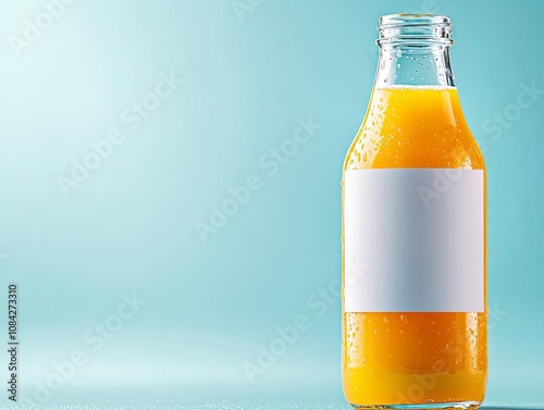 Close-up shot of filled juice bottle with blank wrap around label, condensation droplets, refreshing and cold drink concept, crisp and clear detail photo