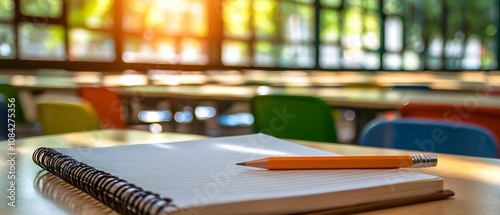 A bright and inviting classroom scene featuring a blank notebook and an orange pencil on a wooden table, capturing a moment of learning and creativity. photo