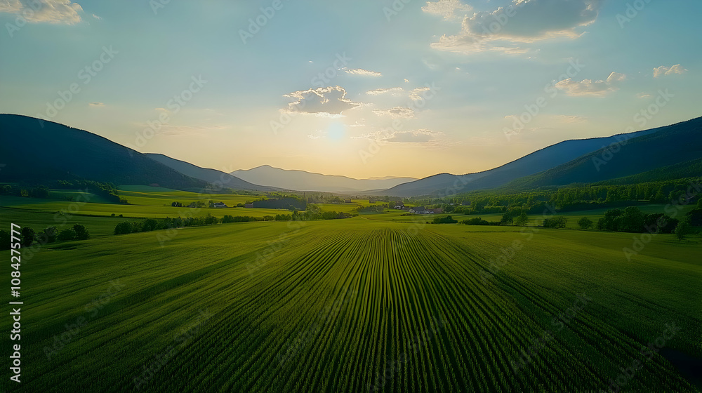 Obraz premium Aerial View of Green Field with Mountains in the Background Photo