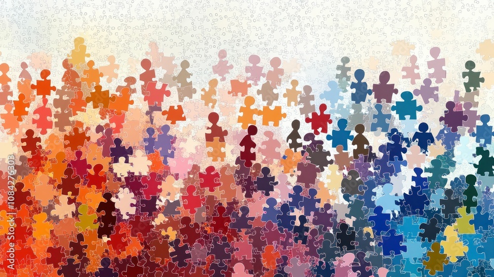 colorful puzzle pieces representing diversity and connection in a society, showcasing a vibrant mix of colors against a light textured background colorful puzzle pieces representing diversity and connection in a society, showcasing a vibrant mix of colors against a light textured background