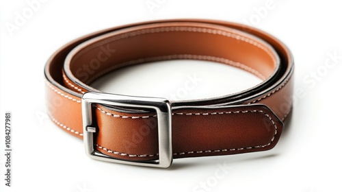 High-quality view of a mana??s belt, featuring a leather strap and a metal buckle, isolated on a white background.  photo