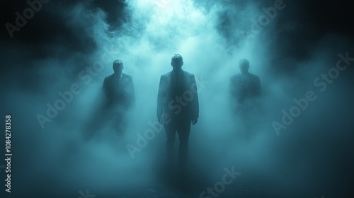 Three men are walking through a foggy, misty atmosphere