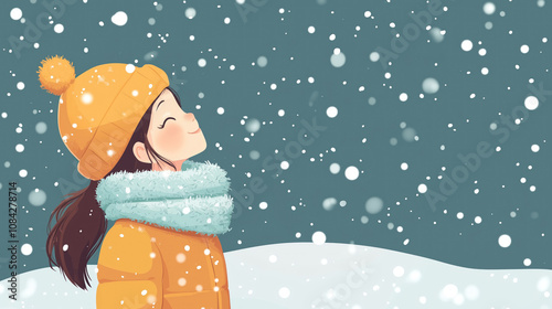 A young girl in a yellow hat and winter coat smiling joyfully while enjoying snowfall. Concept of happiness and winter wonder.