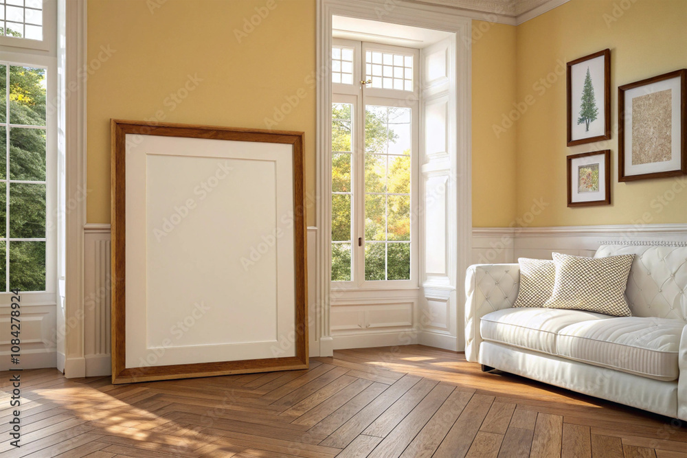Fototapeta premium Modern Living Room with Wall Art Mockup. Home Interior and Stylish Decor. 3D Rendering.
