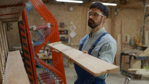 Woodworker carrying timber plank on shoulder over workshop