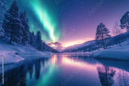 Color palette for a fantasy landscape with northern lights, in the style of fantasy art, featuring a color scheme of green, purple, blue, and teal
