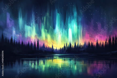 Color palette for a fantasy landscape with northern lights, in the style of fantasy art, featuring a color scheme of green, purple, blue, and teal