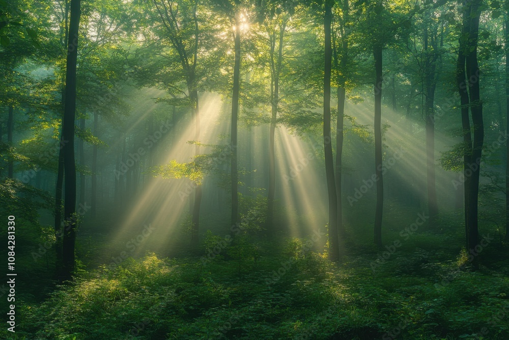 Fototapeta premium Magic forest with sunbeams and fog