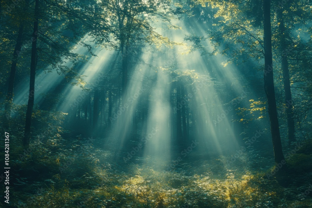 Naklejka premium Magic forest with sunbeams and fog