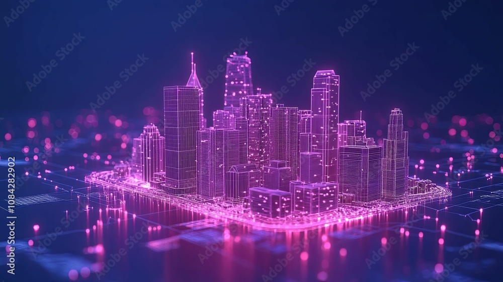 Fototapeta premium A Wireframe Cityscape with Pink Neon Lights