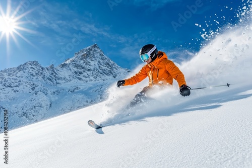 Dynamic Skiing Adventure on Majestic Mountain Slopes Skier Carving Turn with Snow Spray under Clear Blue Sky Winter Sports Thrill and Energy Concept