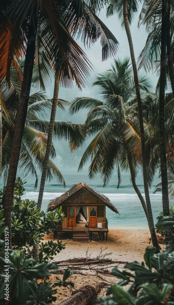Fototapeta premium Charming beachfront house surrounded by palm trees with stunning maldives ocean view on a rainy day
