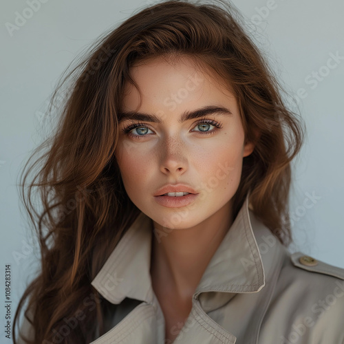 A beautiful female model wearing a trench coat photo