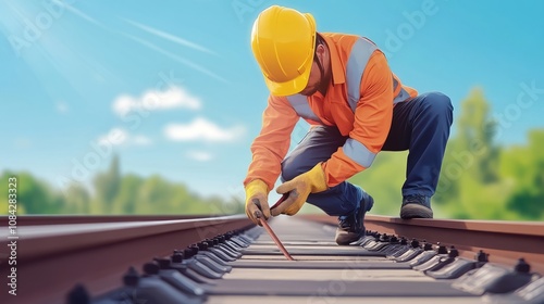 A dedicated railway worker measures track alignment under a clear blue sky, emphasizing the importance of precise construction in railway maintenance