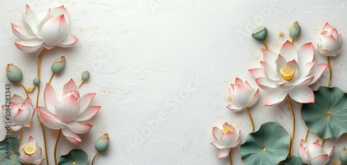 Elegant Lotus Flower Symmetry on Textured Off-White Background with Gold Accents - Serene Botanical Art for Home Decor and Relaxation