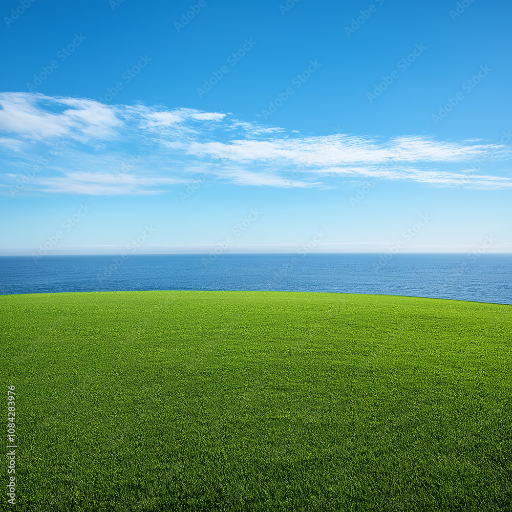 Obraz premium A vast green lawn stretches to the horizon, overlooking an endless blue sea under a clear sky