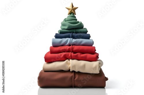A Christmas card. A stack of clothes stacked on top of each other in the form of a Christmas tree, with a star on top. The background is white