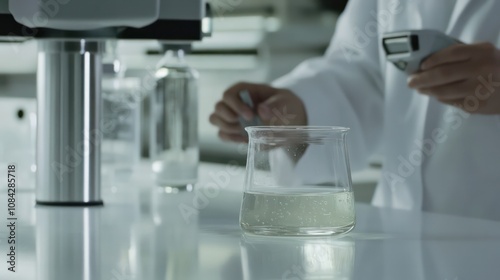 Scientists in lab coats measuring water salinity levels with specialized equipment, emphasizing the importance of environmental monitoring and scientific research.