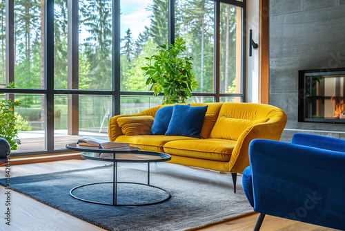 Modern and stylish interior with yellow and blue furniture, fireplace in the background, beautiful mountain view. Minimalist design with copy space	 photo