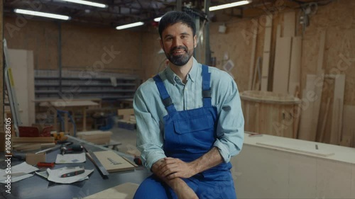 Skilled young adult woodworker sitting on workbench in well-equipped workshop