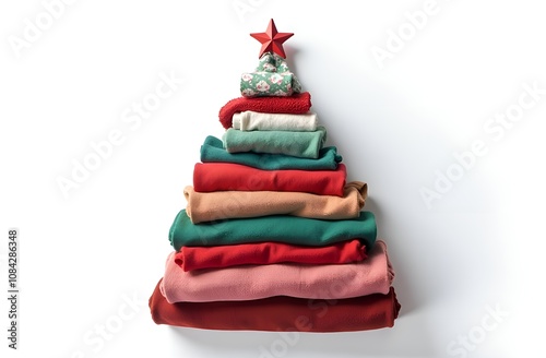 A Christmas card. A stack of clothes stacked on top of each other in the form of a Christmas tree, with a star on top. The background is white