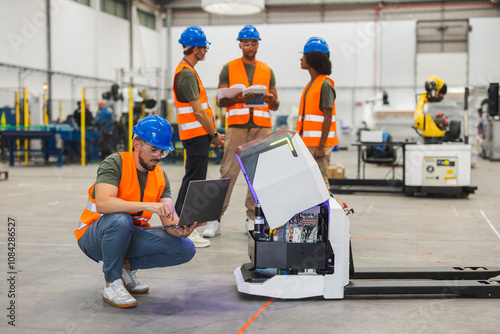 Принти на полотні Engineers maintaining automated guided vehicle in modern factory
