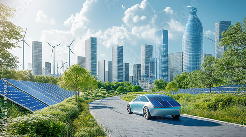 A futuristic car drives down a road next to a city with solar panels. The car is powered by solar energy, which is a sustainable. Concept of progress and innovation