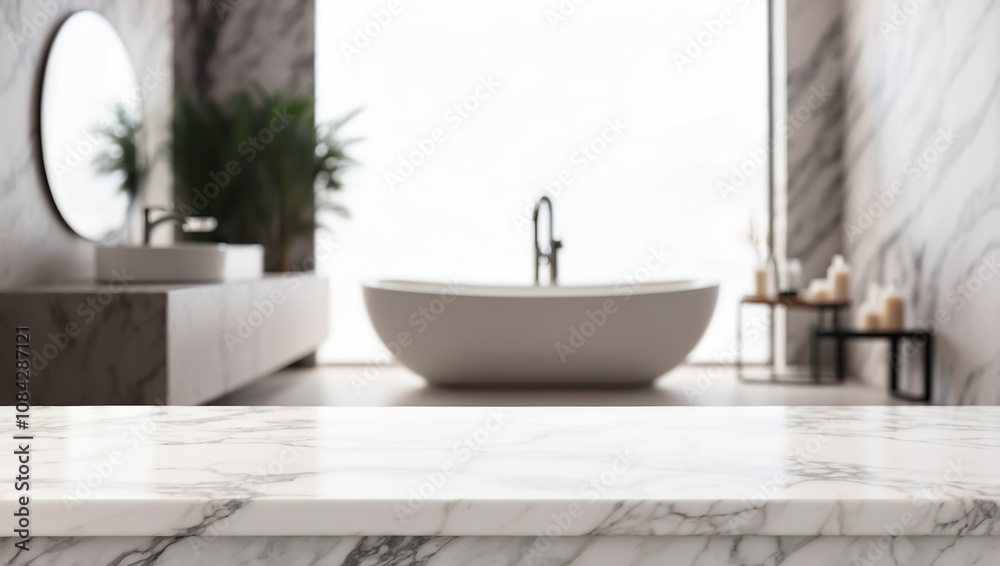 Fototapeta premium empty marble table for product display with blurred background of a modern minimal interior of a bathroom with bath tube