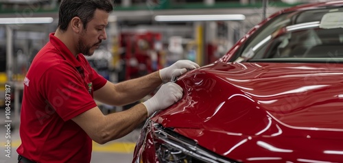 Precise Automotive Wrapping Focused Man Applying Red Protective Film to Car Hood in Factory Setting
