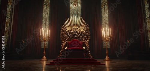 Regal Iron Throne in Grand Hall - Opulent Medieval Fantasy Setting with Rich Red Velvet, Gilded Swords, and Stained Glass Windows - Dramatic Illumination