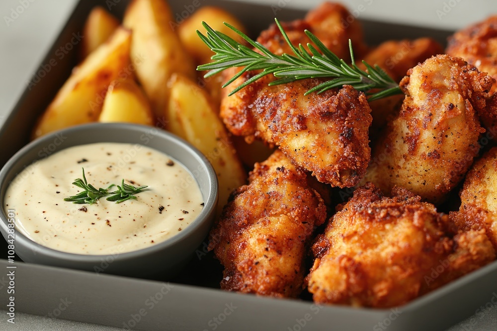 Fototapeta premium Crispy fried chicken tenders with potato wedges and creamy sauce