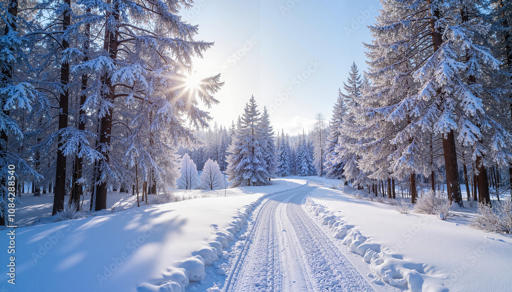 Fototapeta premium Road through winter snowy spruce forest, tranquil mood, inviting exploration, against a serene white landscape