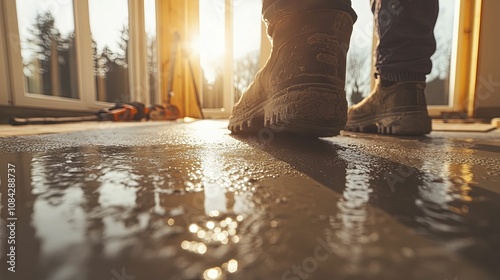 Closeup of a Foot Stepping on Wet Concrete with Sunlight Reflecting photo