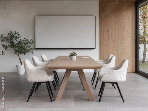 Sophisticated Minimalist Dining Room with Wooden Table and Neutral Palette in Contemporary Setting, Serene Modern Interior Design - Ideal for Architectural Showcase