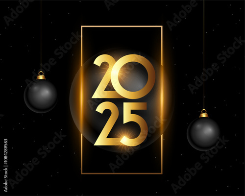 2025 new year dark background with hanging xmas bauble