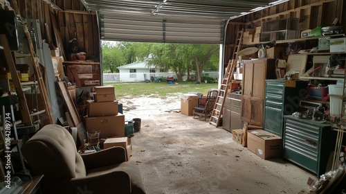 Surreal Cluttered Garage Scene Wide-angle View of Chaos and Tranquility, Neglected Storage Space leading to Idyllic Backyard Escape - Realistic Domestic Setting for Home Improvement, Storage