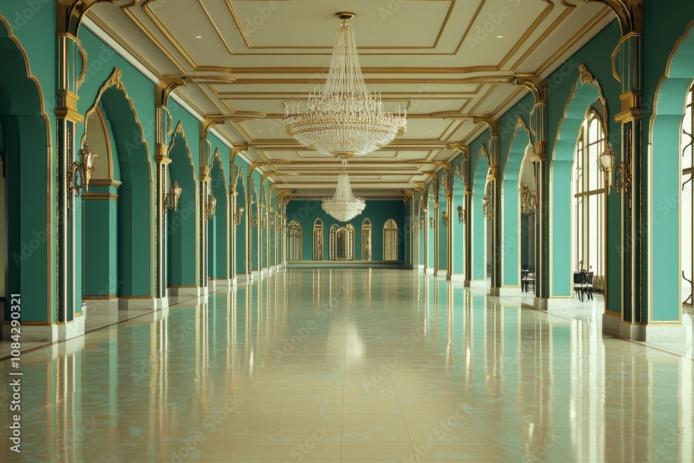 Fototapeta premium Symmetrical Teal Palace Hallway with Ornate Crystal Chandelier - Luxurious Interior Design Concept