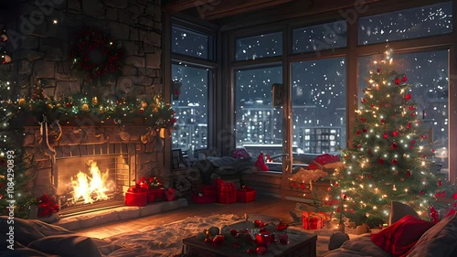 warm cozy living room with fireplace with christmas decorations