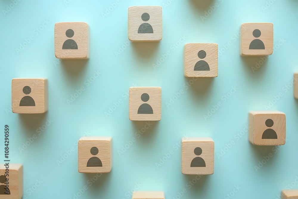 Obraz premium Unity Concept - Simple Wooden Blocks with Human Symbols on Blue Background