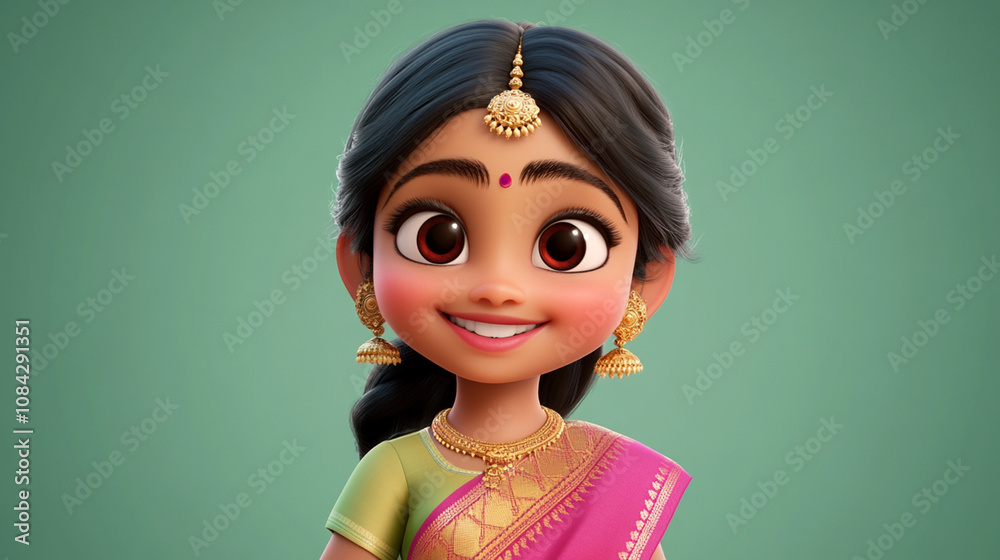 Cartoon character, childrens book illustration - young smiling Indian girl in traditional costume Cartoon character, childrens book illustration - young smiling Indian girl in traditional costume