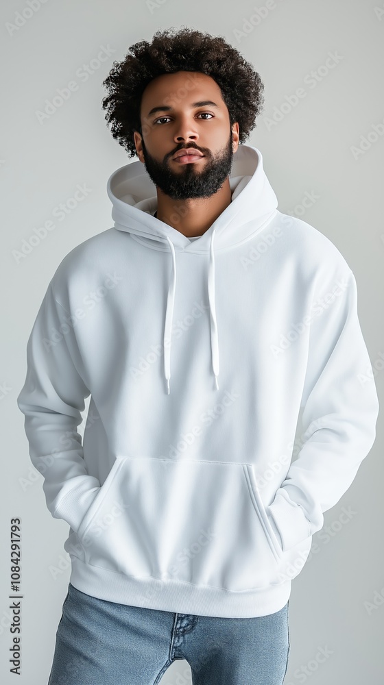 Fototapeta premium handsome hipster man with beard wearing white blank hoodie with space for your logo or design. Mockup for print