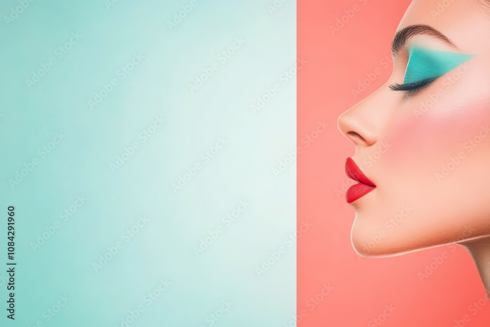Naklejka premium A vibrant profile portrait of a woman with bold makeup against a colorful backdrop