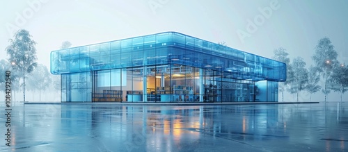 Modern Glass Building in Foggy Day