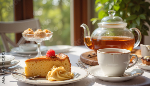Wallpaper Mural  Glass teapot with tea and a cozy mood alongside a cup of tea and a piece of cake on a table against a warm indoor backdrop Torontodigital.ca