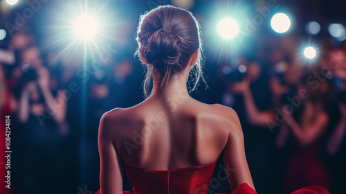 Elegant woman in a glamorous red dress on the red carpet under bright lights surrounded by photographers photo