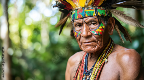 hornbill festival, nagaland. A wise indigenous elder with vibrant face paint and traditional attire stands amidst lush greenery, symbolizing cultural heritage and connection to nature. photo