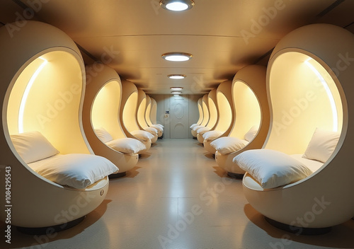 capsule hotel features rows illuminated sleeping pods futuristic neat design environment focus comfort efficiency photo