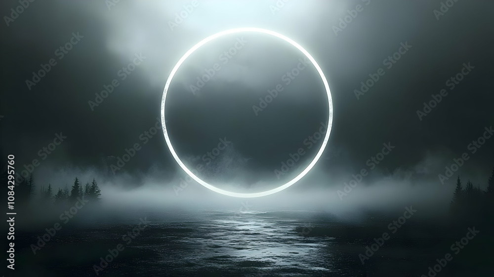 Obraz premium Dark Foggy Forest with Glowing Ring Abstract Background